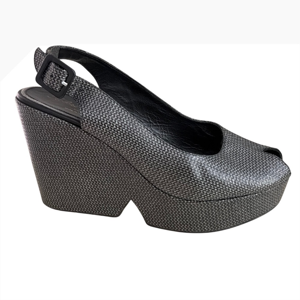 Robert Clergerie Paris Woven Metallic Platform Wedge Slingback Heels Black 40.5